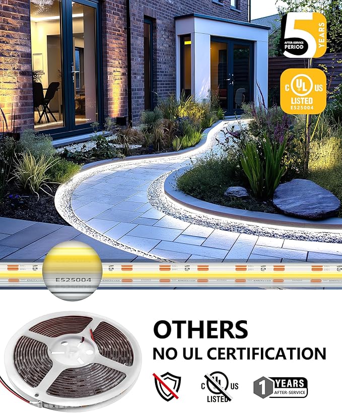 EMITEVER COB LED Strip Lights Waterproof IP67, 5000K White Outdoor 24V Dimmable Silicone LED Tape Lighting 16.4ft High Density, 300+LM/ft, 2400LEDs,3W/ft, UL Listed (Power Supply Not Included)