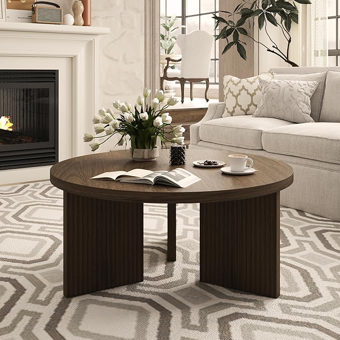 Wooden Round Coffee Table, 35" Coffee Table with Smooth Thick Mesa, Low Circle Center Table with X Shaped Stable Legs, Accent Tea Table for Living Room, Office, Brown