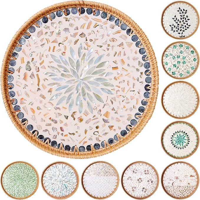 Round Rattan Tray with Mother of Pearl Inlay & Wooden Base - Decorative Wicker Serving Tray for Coffee/Bread/Fruits, Food Storage & Display - Multipurpose Home Decor (L,Blue Shells)