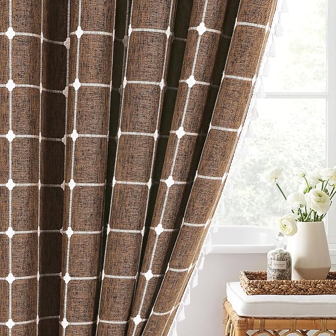 MitoVilla Brown 72 x 78 Farmhouse Shower Curtain, Boho 78 inch Long Polyester Linen Tassel Fabric Shower Curtain Set for Chic Cottagecore French Rustic Bathroom Decor