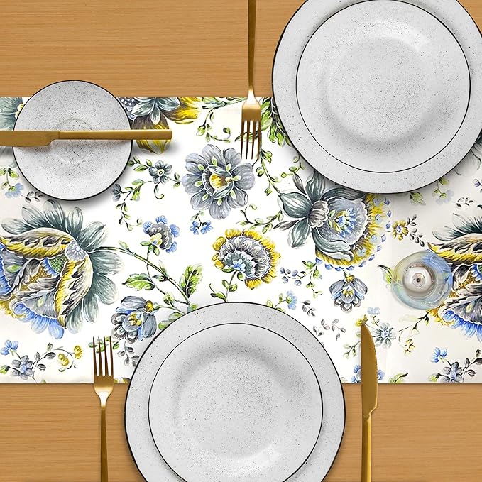 Decozen Table Runner - Japanese Print Floral Design Perfect for Kitchen Dining Room Home Decor Console Table Farmhouse - White