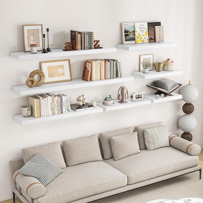 RICHFOCUS 72Inch Floating Shelves for Wall 2 Pack Shelves for Bedroom|Kitchen|Bathroom Wall Mounted Rustic Wood Floating Shelf with Invisible Brackets for Books|Storage|Decor, White