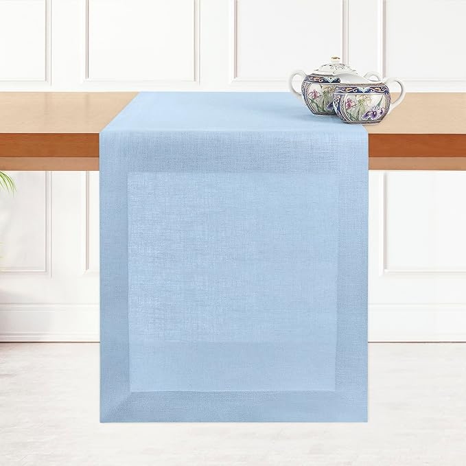 D'Moksha Homes Linen Powder Blue Table Runner 72 Inches Long - 100% Pure Linen 14 x 72 Inch Table Runner for Dining, Fall, Autumn and Halloween - Machine Washable
