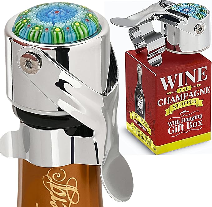 Wine Stopper & Champagne Stopper All In One - Patented Seal, Preserves Bubbles & Taste for Prosecco, Cava, and Wine – 1 Pro Grade Evan James Bottle Stopper With Hanging Gift Box