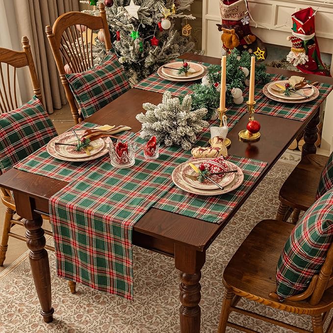 Softalker Christmas Checkered Tartan Table Runner - Green Buffalo Plaid Xmas Stain Resistant Washable Table Decoration for Dining/Parties/Holiday Decor, 13 x 71 Inch
