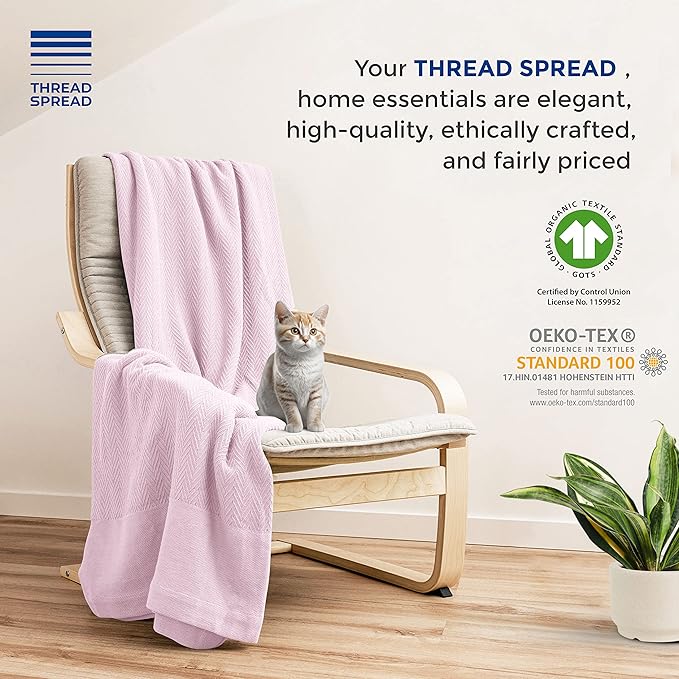 THREAD SPREAD Organic GOTS Cotton Blanket, Full/Queen - 350 GSM, Antistatic, Fuzzy Soft, Lightweight, Sofa, Camping & Travel, Perfect Herringbone All Seasons Throw, Blush + Stylish Bonus Tote Bag