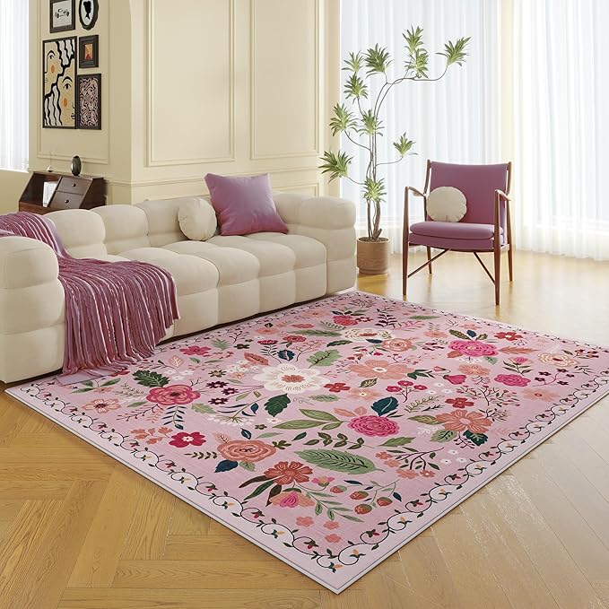 Rugcomf Living Room Rug 5x7 Rug Machine Washable Boho Area Rug Non Slip Floral Vintage Low Pile Large Rugs for Living Room, Bedroom, Farmhouse, Dining Room, Kids Playroom(Pink)