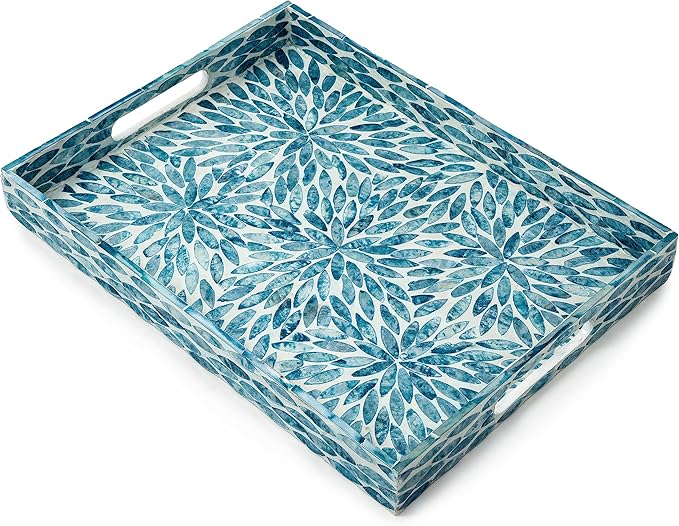 CLAYNIX Serving Tray 15.7" X11.8", Lacquer Mother of Pearl Inlay Mosaic Tray, Rectangle Wooden Marble Tray with Handles Trays for Tea, Breakfast in Bed, Table (Flower Style)