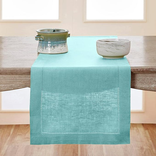 Solino Home Linen Aqua Blue Table Runner 108 Inches Long - 100% Pure Linen Hemstitch 14 x 108 Inch Table Runner for Dining - Classic Hemstitch