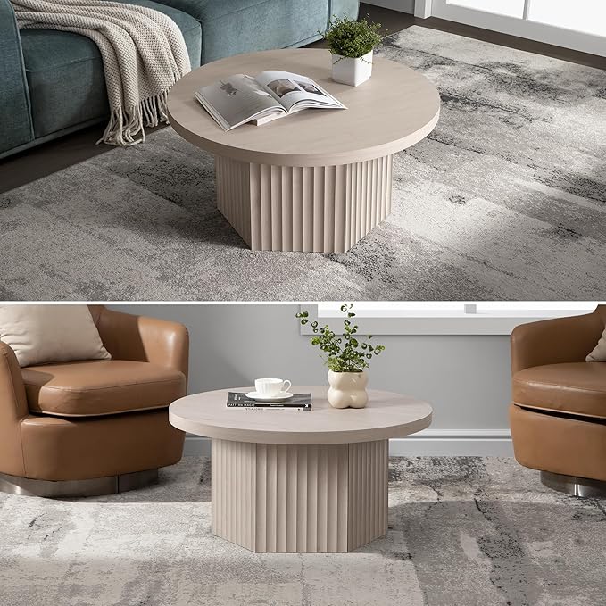 SICOTAS Round Coffee Table for Living Room, 32" Circle Modern Fluted Center Coffee Table with Storage, Mid Century Accent Tea Dining Table for Small Space, Apartment, White Alder