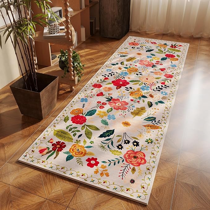 Rugcomf Runner Rug for Hallways Kitchen Rug Non Slip 2'6''x8' Washable Rugs with Rubber Backing Soft Floral Carpet Runner for Hallways, Kitchen, Laundry, Bedroom, Bathroom(Beige)