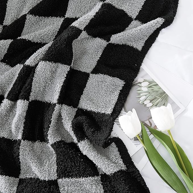 WRENSONGE Checkered Throw Blanket, Black Grey Checkered Soft Cozy Fluffy Warm Hand Made Weave Throw Blankets for Couch, Sofa, Chair, Bed, Picnic,Travel Lightweight Bed Blanket - 60 * 80