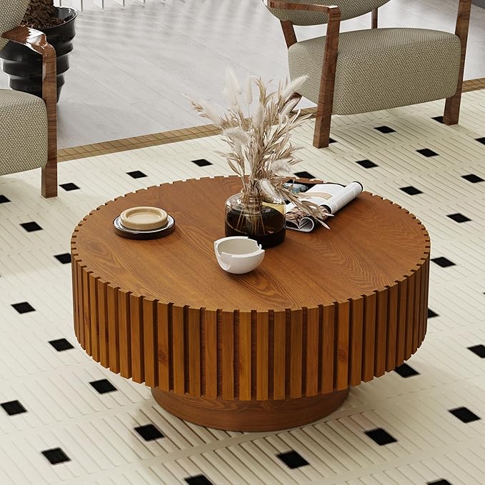Modern Wood Round Coffee Table - Handcraft Drum Coffee Tables with Sturdy Base, Easy Assembly, Contemporary Style Small Coffee Table Tea Table for Living Room, Bedroom, Office (Natural Round)