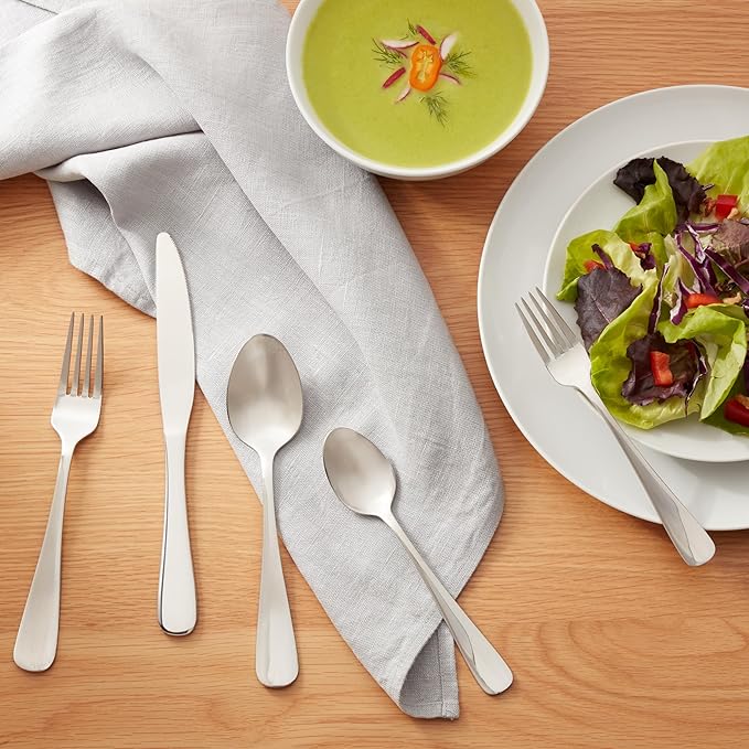 Amazon Basics Silverware Set, Stainless Steel Flatware, Dishwasher Safe, Service for 4, 20-Piece Forks and Spoons, Round Edge