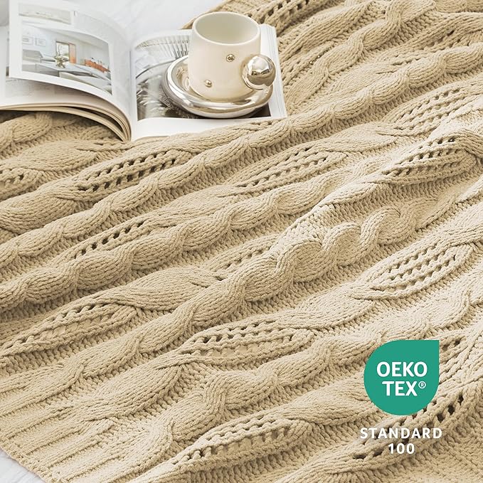 Amélie Home Chunky Knit Throw Blanket, Dual-Sided Soft Chenille Breathable Cable Knitted Blanket for Couch, Farmhouse Decorative Throw for Sofa & Chair, 60"x80", Beige