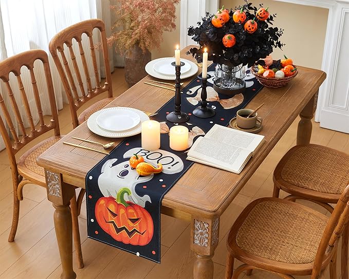 YATOJUZI Black Cat Table Runner - Halloween Table Runners Black Cat Ghost Pumpkin Decorations Decor for Home Kitchen Dining Table Halloween Party - 13x72 Inch