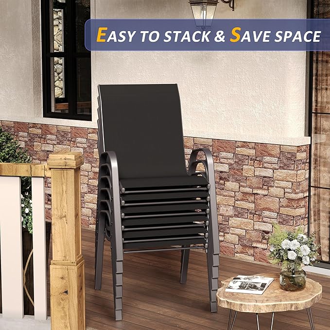 Amopatio 7 Pieces Patio Dining Set, Outdoor Table and Chairs, Square Metal Table with Umbrella Hole, 6 Stackable Chairs, Patio Furniture Sets for Deck, Backyard, Garden and Poolside, Black