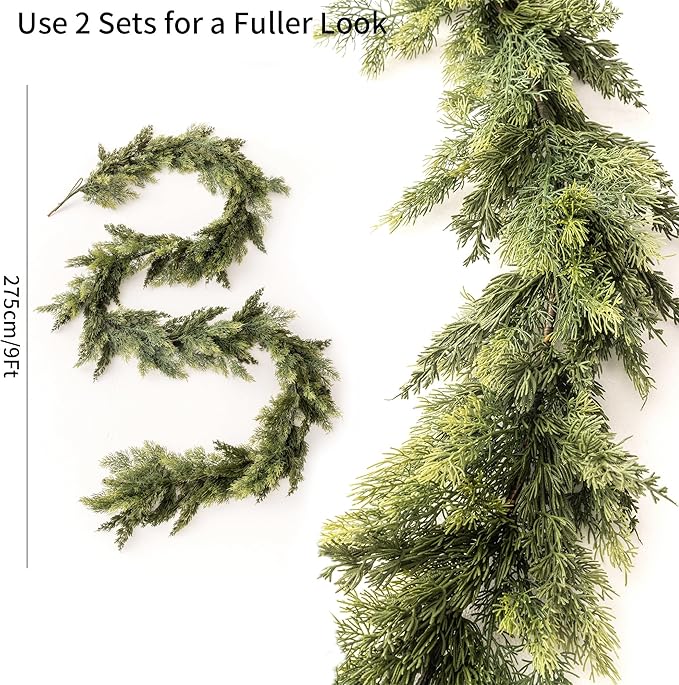 9ft Handmade Christmas Garland,Cedar Artificial Greenery Cypress Pine Needles Seasonal Garland for Christmas Fireplace Winter Holiday Indoor Outdoor Decoration