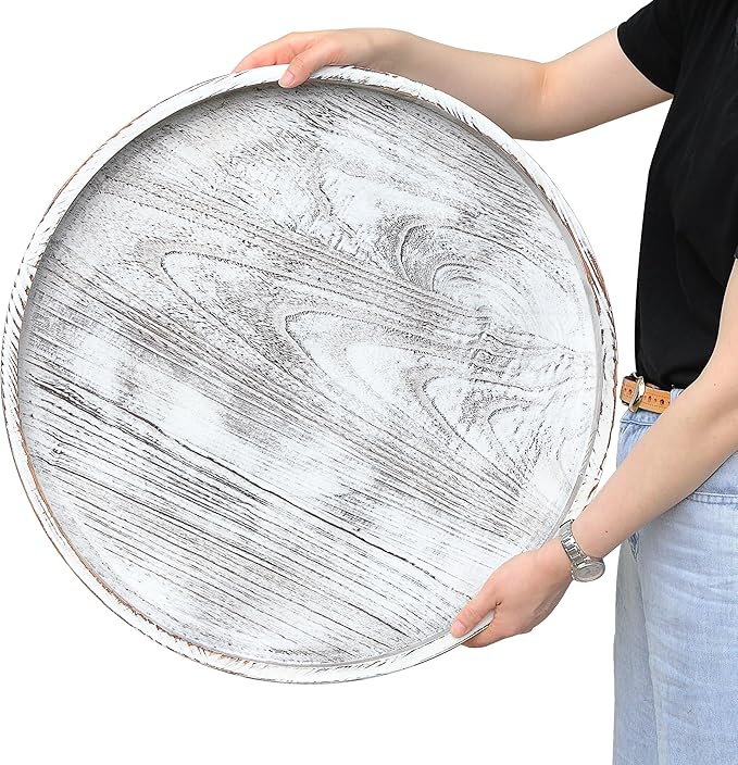 Extra Large Round Ottoman Table Tray Round-24 - Rustic Wooden Serving Tray for Farmhouse Decorative Oversized Coffee Table Trays Living Room Kitchen Counter Breakfast Whitewash