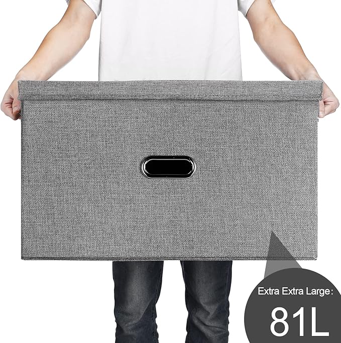 Large Linen Fabric Foldable Storage Bins with Removable Lid and Handles, Washable Storage Box Organizer Containers Baskets Cube with Cover for Bedroom,Office(Black, XXL)