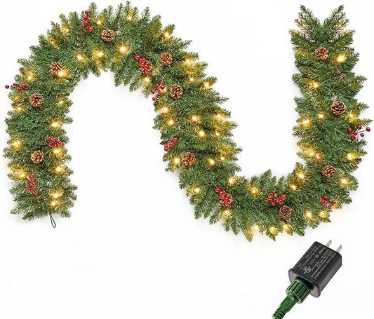 Joiedomi 9 FT Artificial Christmas Garland Prelit with 50 Count Warm White String Lights, Pine Cones and Red Berries for Christmas Holiday Xmas Season Decorations, Plug in Lighted Pine Garland