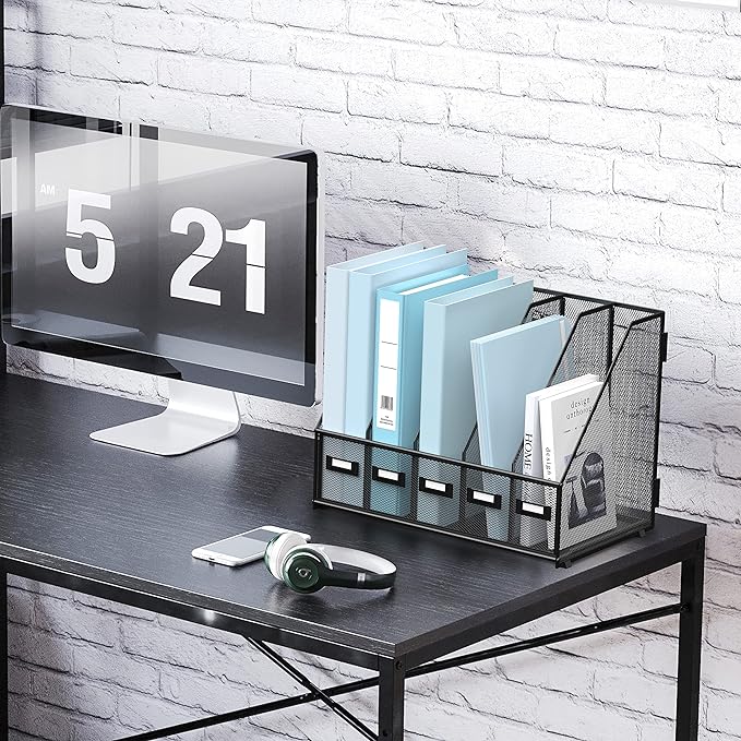 SUPEASY Desk Organizers Metal Desk Magazine File Holder with 5 Vertical Compartments Rack File Organizer for Office Desktop, Home Workspace, Black