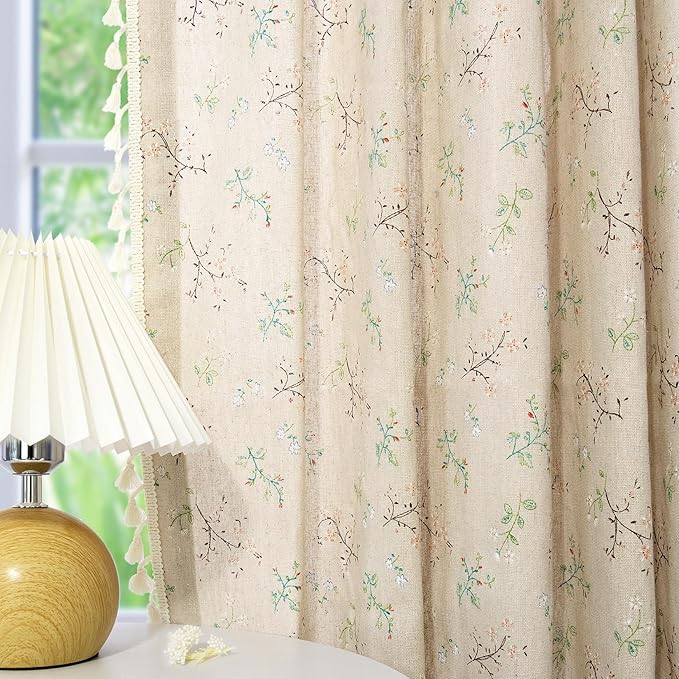 Floral Farmhouse Curtains for Living Room and Bedroom - 63 Inch Length Linen French Country Rod Pocket Panels with Tassel, 2 Panels