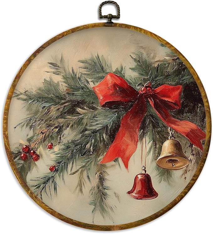 XPH Rustic Christmas Round Wall Art Framed, Winter Coquette Red Bow Bell Botanical Circle Wall Decor, Farmhouse Christmas Hanging Canvas Prints for Home Bedroom Living Room Decoration, 10x10 Inch