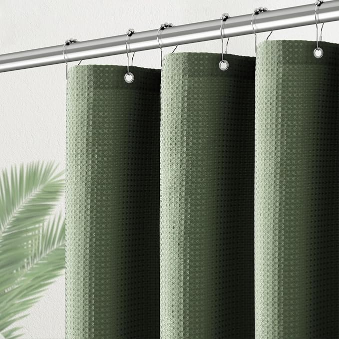 Green Stall Shower Curtain Waffle Weave Fabric, Luxury Waterproof 256GSM Heavy Duty Camper Shower Curtain for Travel Trailers with 6 Metal Hooks, 36Wx72H Sage Green