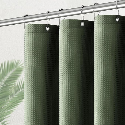Green Stall Shower Curtain Waffle Weave Fabric, Luxury Waterproof 256GSM Heavy Duty Camper Shower Curtain for Travel Trailers with 6 Metal Hooks, 36Wx72H Sage Green
