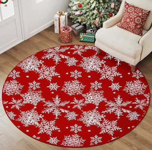 Round Christmas Area Rug 6ft Red Washable Entryway Carpet 6x6 Snowflake Circle Rug Indoor Kitchen Door Large Mat Xmas Holiday Decor Living Room Dining Room Bedroom