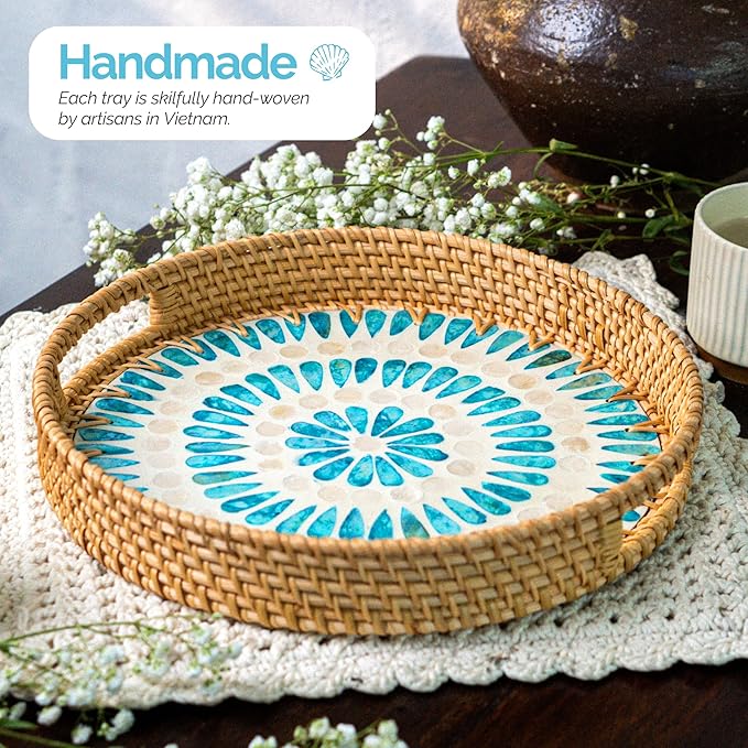 JUNGLE CULTURE Large Rattan Serving Tray 14" with Mother of Pearl Inlay • Coastal Boho Collection • Handcrafted Serving Tray with Handles • Round Woven Table Trays for Home • Wicker Basket – Ripple