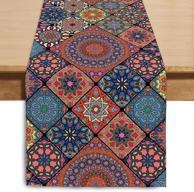Boho Bohemian Table Runner 36 Inches Long, Vintage Seasonal Dresser Scarf for Party Kitchen Dining Coffee Table Bedroom Indoor Outdoor, Machine Washable (Bohemian A, 13” x 36”)