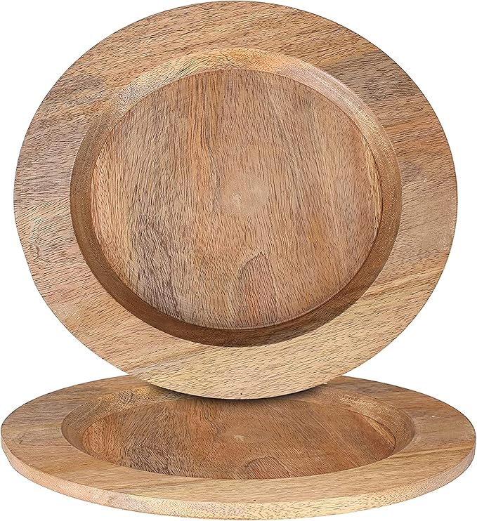 Alpha Living Home 13 inch Rustic Wood Charger Plates - 2 Pack Handcrafted Round Decorative Dinner Serving Tray for Dining, Holiday, Party, Special Event, Decoration, Weddings & Outdoor Wedding (Brown)