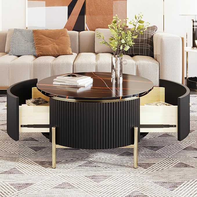 Modern Round Coffee Table with 2 Large Drawers Storage Accent Table(31.5'')
