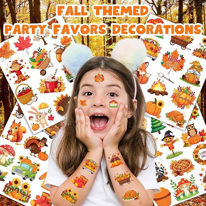 50 PCS Fall Autumn Temporary Tattoos for Kids, Thanksgiving Themed Tattoos for Birthday Party Supplies Funny Pumpkin Leaves Tattoo Stickers for Boys Girls Party Bag Filler School Reward