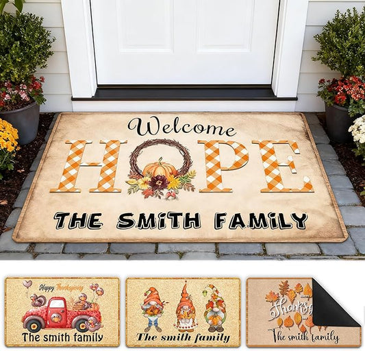 Custom Name Front Door Mat for Entryway Decor Welcome Fall Season Personalized Thanksgiving Welcome Mat Home Decor, Personalized Floor Mat for Autumn