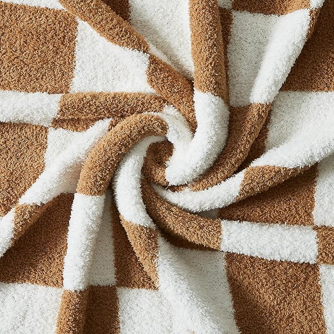 WRENSONGE Checkered Throw Blanket, Burnt Orange Soft Cozy Fluffy Warm Hand Made Throw Blankets for Couch, Sofa, Chair, Bed, Camping, Picnic, Travel Lightweight Bed Blanket - 60"*80"