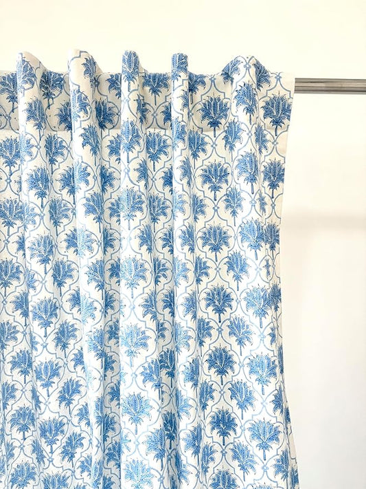 ATOSII 100% Cotton Single Panel Block Print Curtain, Easy Hanging with Rod Pocket & Loop, Living Room, Dining Room, Bedroom Light Filtering Boho Curtains, Set of 1, 60" W X 108" L, Padma Blue