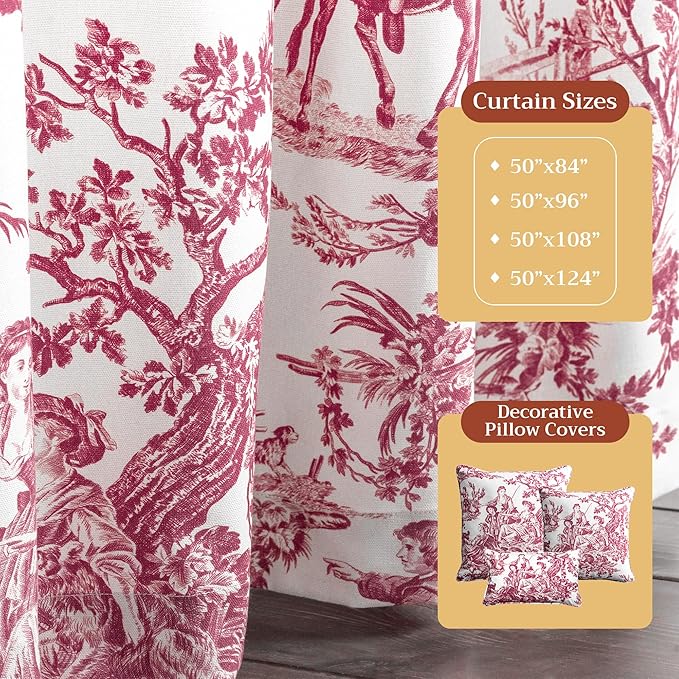 Maison d' Hermine Curtains for Living Room 100% Cotton 84 inch Length One Panel Light Filtering Toile Curtains for Bedroom with Rod and Loop Pockets (The Miller Red (White Background), 50" W x 84" L)