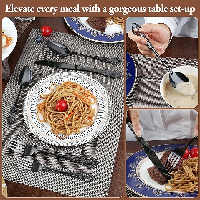 Silverware Set, 30 Pieces Retro Royal Silverware Set for 6, Anti-rust Stainless Steel Flatware Set Including Fork Spoon and Knife, Dishwasher Safe, Black