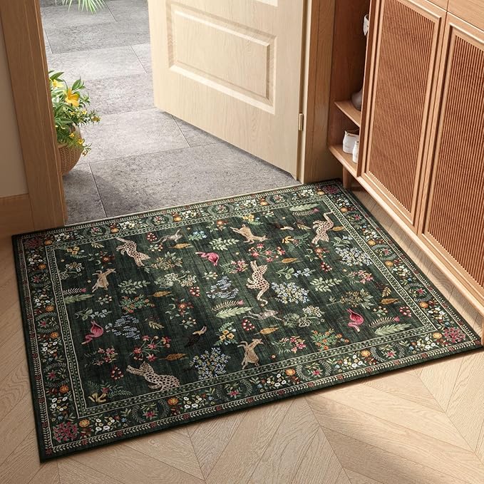 Rugcomf Door Mat Indoor Entrance 2x3 Rug Machine Washable Boho Floral Animal Small Area Rug Non-Slip Low Pile Throw Rugs for Entryway, Kitchen, Front Door Indoor Entrance, Entry, Kids Room (Green)