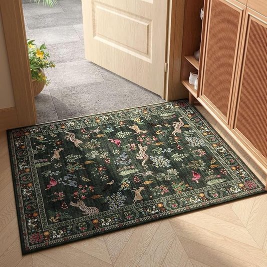 Rugcomf Door Mat Indoor Entrance 2x3 Rug Machine Washable Boho Floral Animal Small Area Rug Non-Slip Low Pile Throw Rugs for Entryway, Kitchen, Front Door Indoor Entrance, Entry, Kids Room (Green)