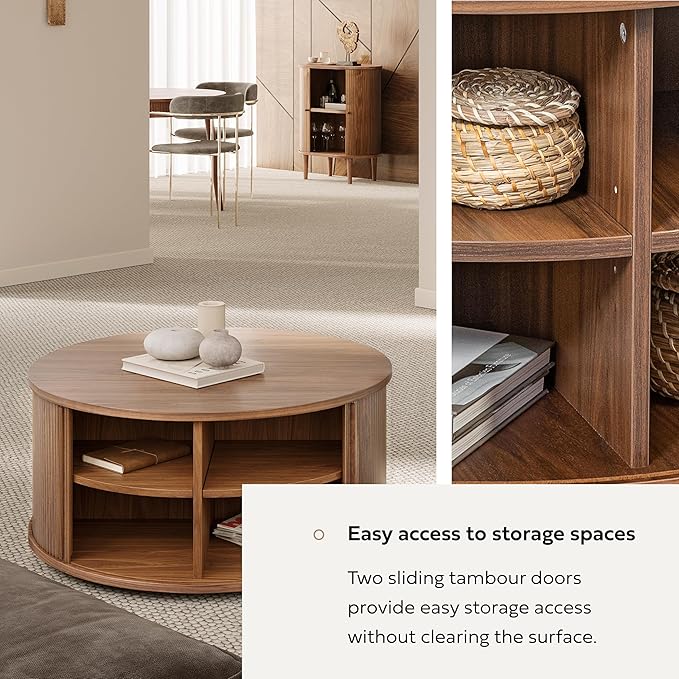 WERMO 35'' Round Coffee Table with Storage and Shelves - Round Center Table for Living Room and Office. Wood Mid Century Modern Coffee Tables for Living Room (Walnut)