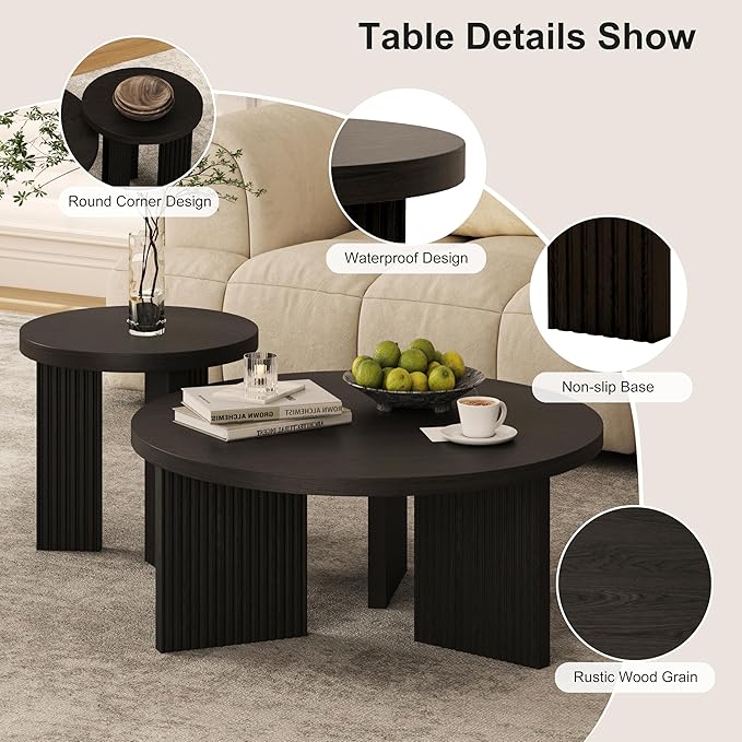 Nesting Coffee Table Set of 2, Modern Wooden Coffee Table with Smooth Thick Design, Circle Tea Table and End Table Set, Accent Center Tables for Living Room, Office, Black