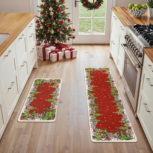 GENIMO Christmas Decorations - Kitchen Mats for Floor, 2PCS Christmas Kitchen Rugs, Cushioned Anti Fatigue Mat for Home Decor, Waterproof Non Slip Standing Mat for Laundry, 17.3"x59"+17.3"x30", Red
