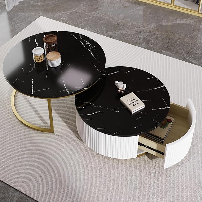 27.6" Modern Round Nesting Coffee Table Fluted with Drawer for Living Room in Black & Gold