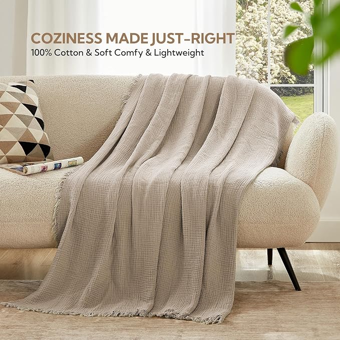 SOULFUL Muslin Throw Blanket with Tassels - Soft Full Size Cotton Throw Blanket for Couch or Bed, Lightweight and Breathable Gauze for All Seasons, Light Tan, 66" x 90"