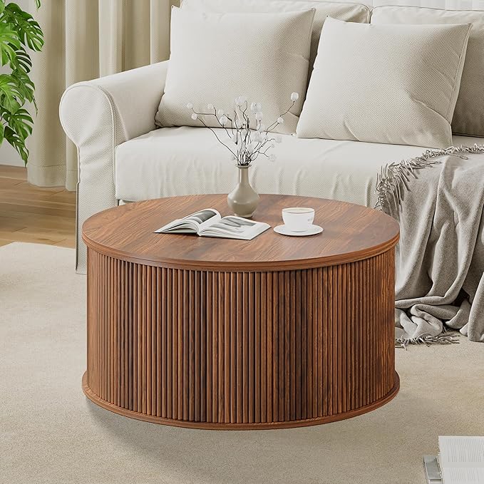 Lift Top Coffee Table, Fluted Round Coffee Table with Storage, Farmhouse Center Dining Table Circle Table for Living Room, Apartment, Home Office (Walnut)