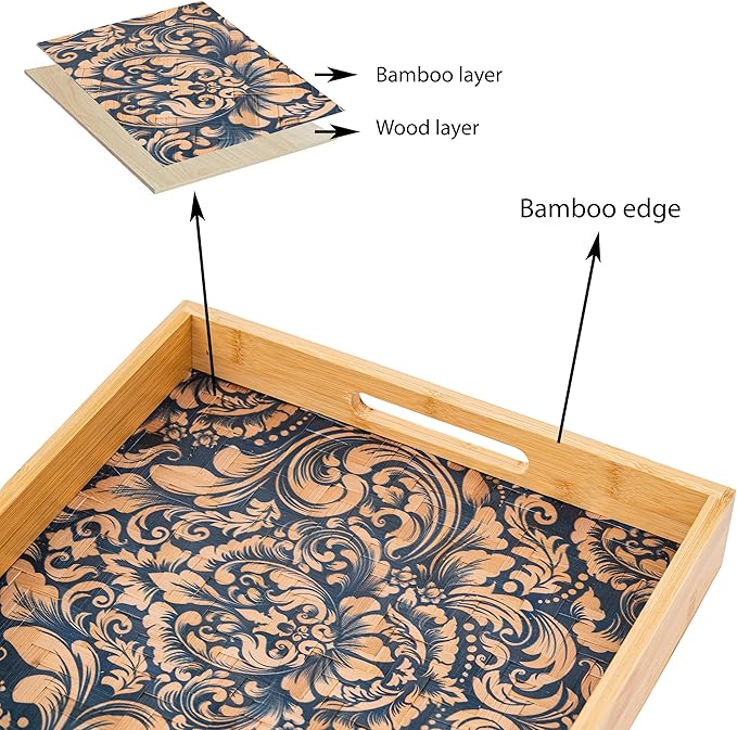 PEMAR 12.2" Square Bamboo Art Decor Tray with Handle, Food Drink Serving Tray for Breakfast Lap Bed Eating. Pattern Printed on Bamboo. Decorative Catchall Coffee Table Entryway Nightstand (Damask)